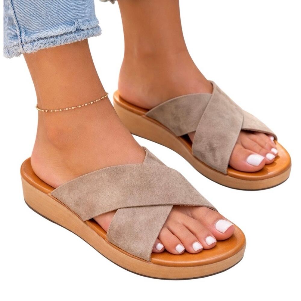 K Jacques Saint Tropez‎ Suede Cross Strap Wooden Sandals EU 37 Leather Slides